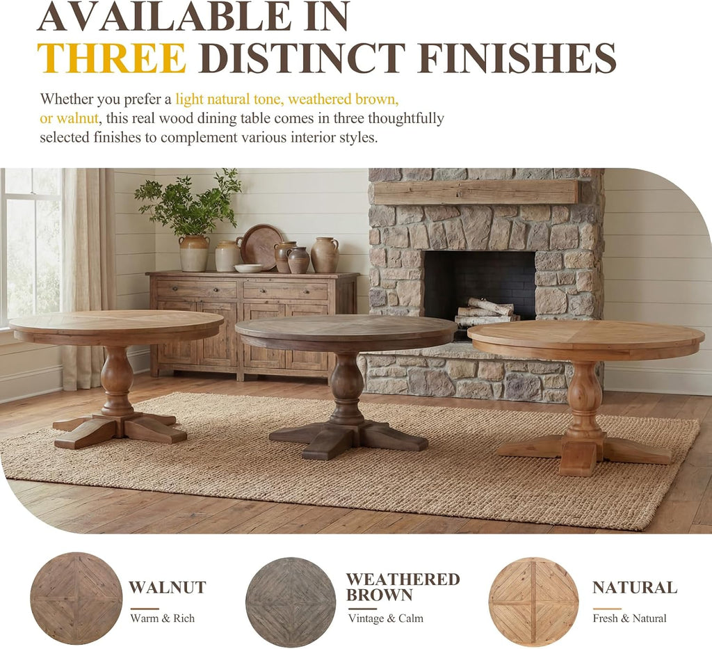 47" Round Dining Table with Wooden Pedestal Base, Antique Pine Wood Dinner Table for 4, Heavy Duty Pedestal Table for Kitchen/Dining Room/Living Room/Restaurant, Walnut