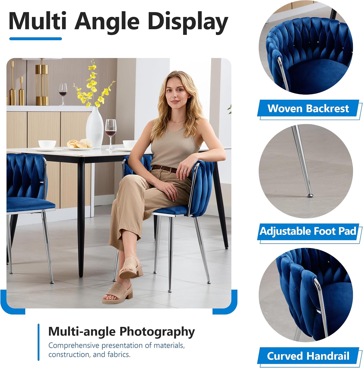 Velvet Dining Chairs Velvet Woven Upholstered Dining Room Chair Modern Armrest Lounge Chair with Metal Legs for Dining Kitchen Vanity Chair for Makeup Room (Navy+Sliver Leg, Set of 2)