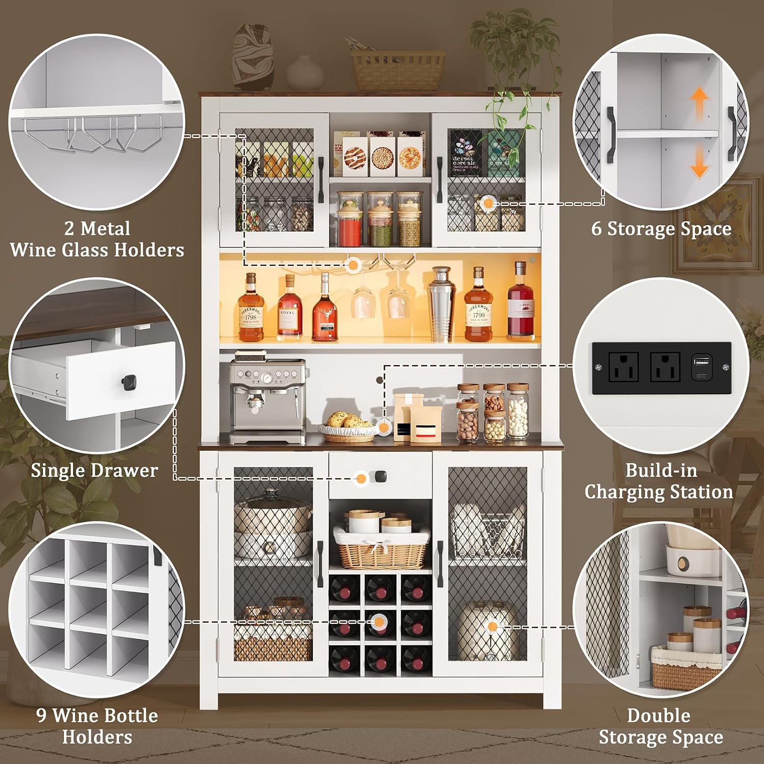 71" Tall Kitchen Pantry Cabinet with Charging Station 47" Wide Countertop Kitchen Hutch Cabinets with LED Light, Large Pantry Storage Cabinet with Shelves and Wine Rack, White