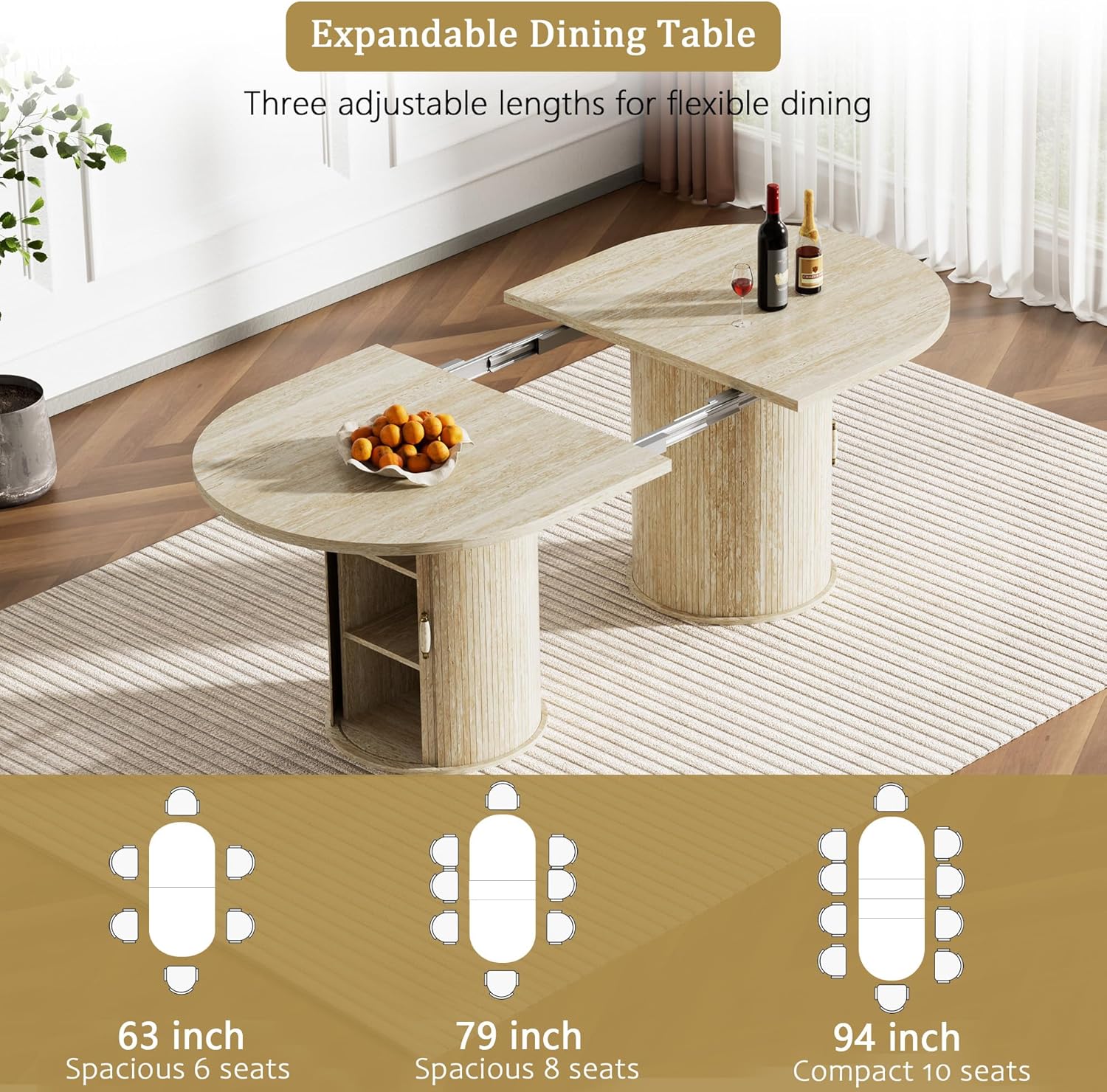 63"-94" Large Oval Extendable Dining Table for 6 8 10, Faux Travertine Expandable Kitchen Table with Fluted Cylindrical Storage Base, Modern Farmhouse Expanding Table for Dinner Party Family Gathering