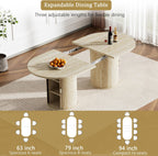 63"-94" Large Oval Extendable Dining Table for 6 8 10, Faux Travertine Expandable Kitchen Table with 2 Storage Base & Sliding Doors, Modern Farmhouse Dining Table for Dinner Party Family Gathering