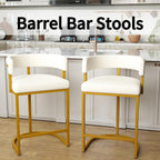 Modern Barrel Bar Stools Set of 2, 24" Velvet Counter Height Stools with Comfy Back and Arms, Sherpa Upholstered Kitchen Island Chair for Home Bar, Ivory