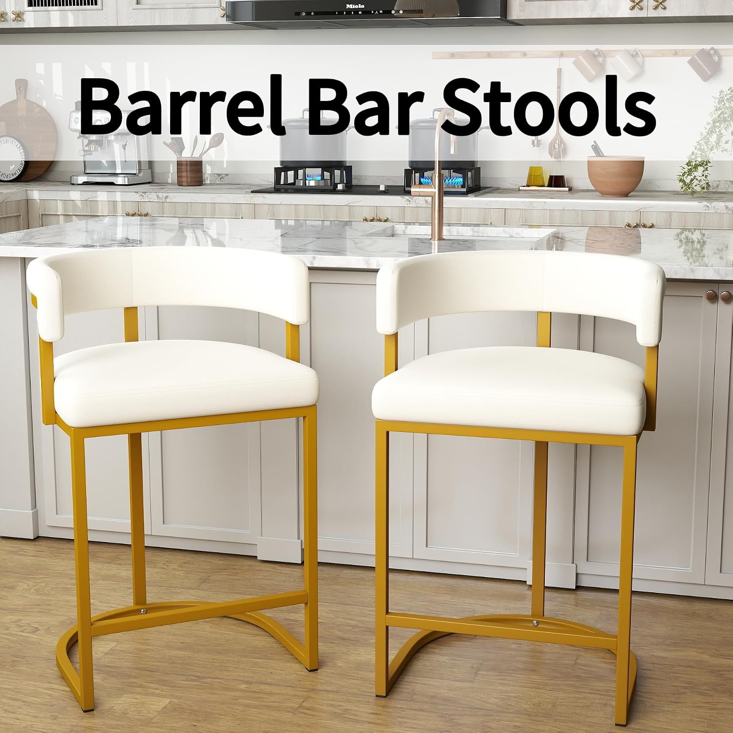 Modern Barrel Bar Stools Set of 2, 24" Velvet Counter Height Stools with Comfy Back and Arms, Sherpa Upholstered Kitchen Island Chair for Home Bar, Ivory