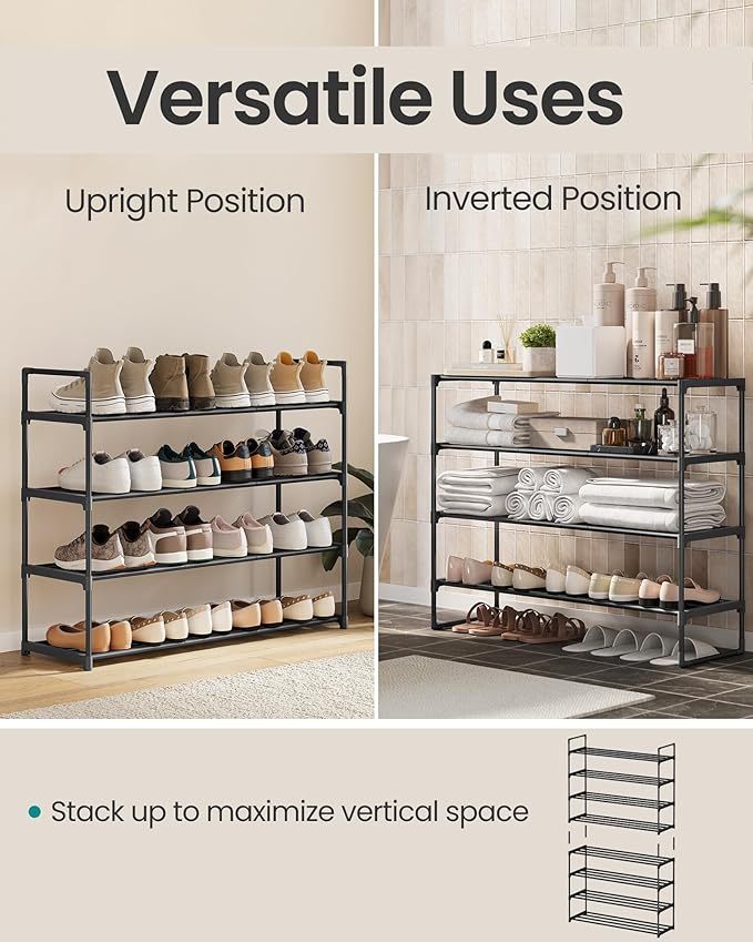 SONGMICS Shoe Rack, 4-Tier Shoe Organizer, Metal Storage Shelf, Upright or Upside Down, for 20-25 Pairs, Stackable, for Entryway, 11.8 x 36.2 x 29.5 Inches, Black ULSA14BK