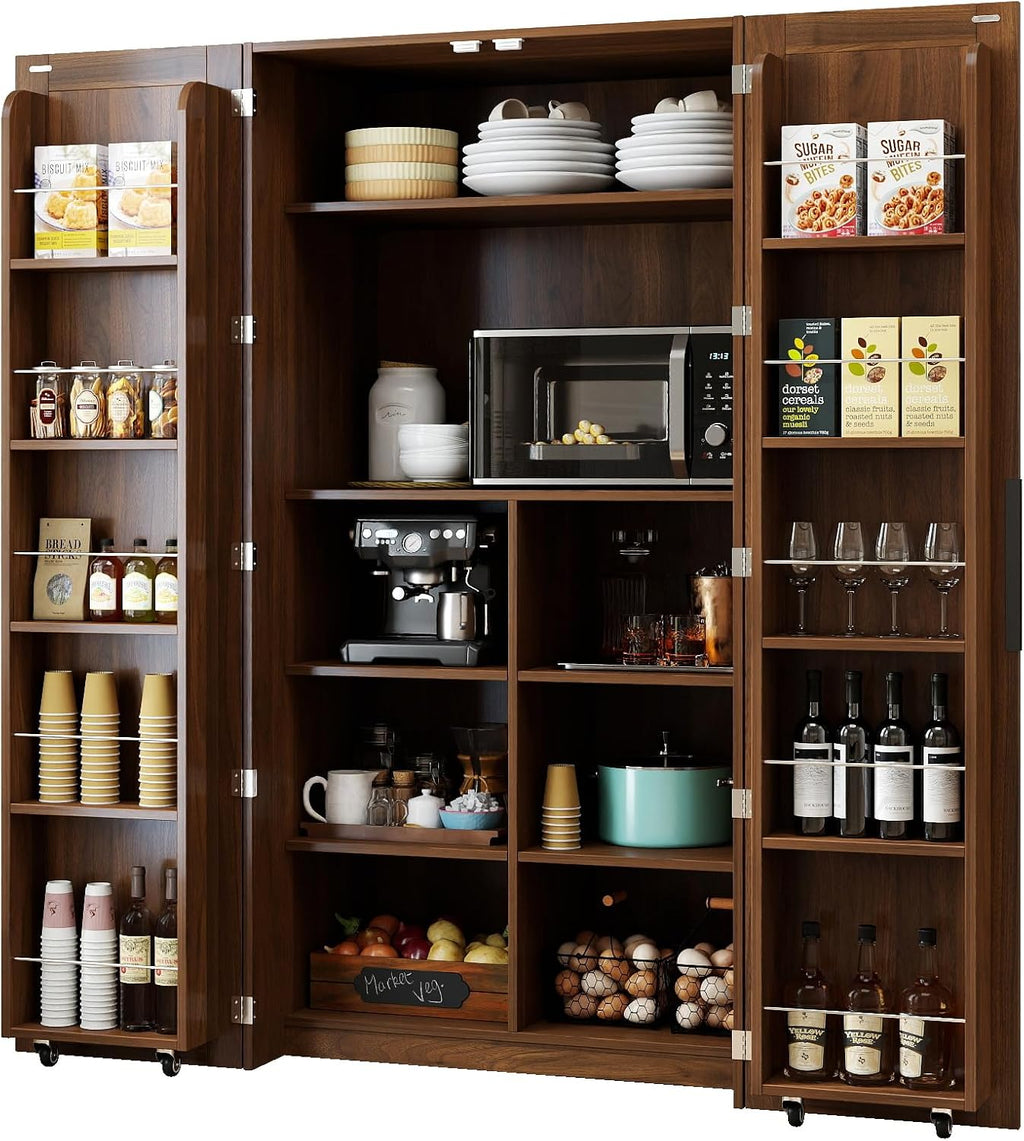 62.8''H Tall Kitchen Pantry Cabinet, Freestanding Buffet Cupboards Sideboard with Doors & Door Shelves, Farmhouse Storage Pantry for Kitchen Living Room Dinning Room, Walnut