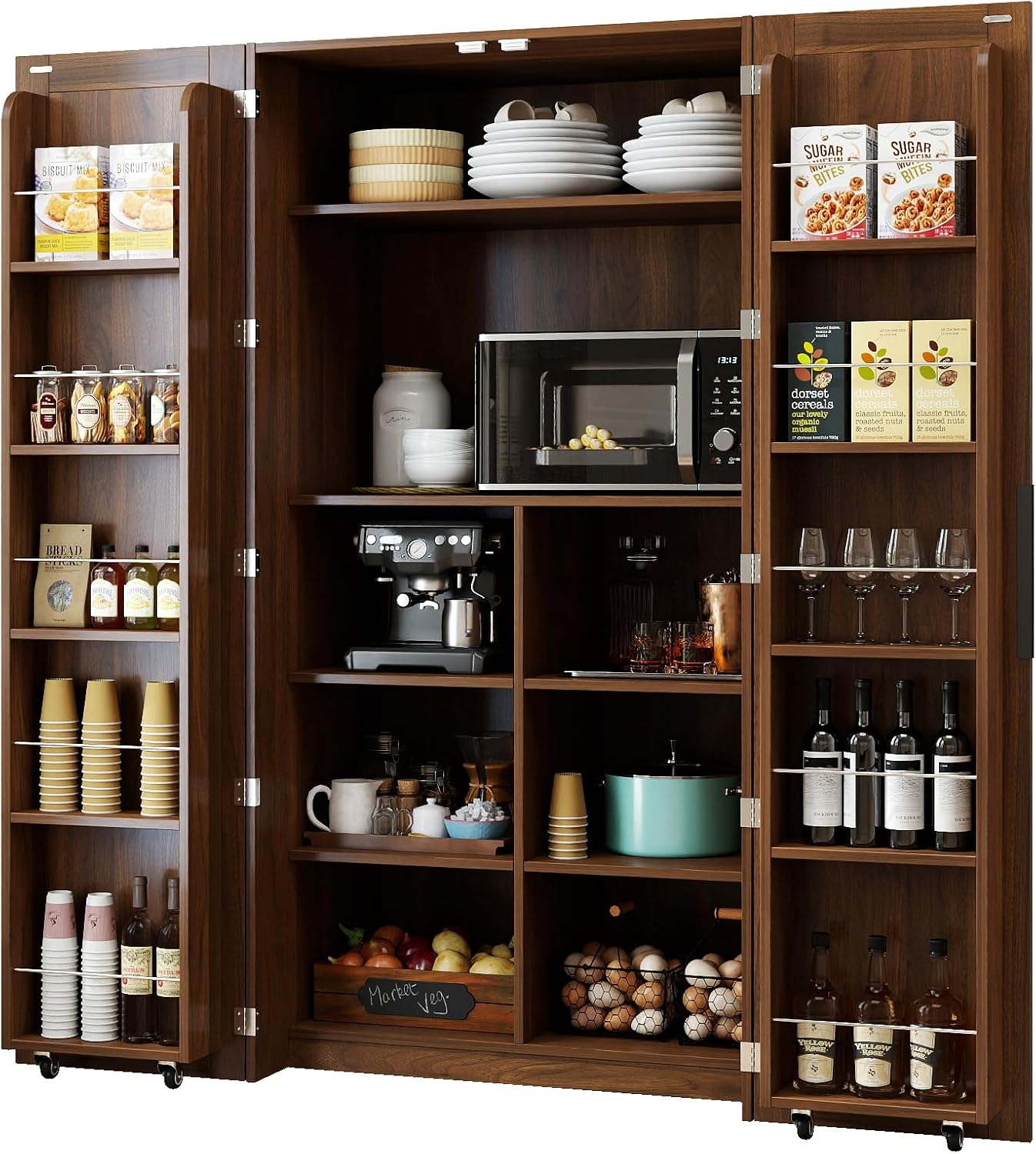 62.8''H Tall Kitchen Pantry Cabinet, Freestanding Buffet Cupboards Sideboard with Doors & Door Shelves, Farmhouse Storage Pantry for Kitchen Living Room Dinning Room, Walnut