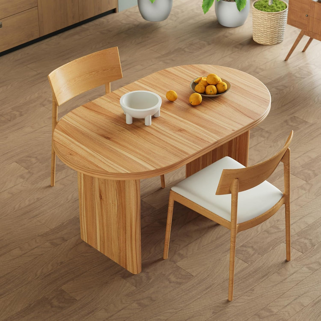 GDFStudio 55.12"-70.87" Farmhouse Extendable Oval Dining Table for 4-6, Modern Solid Wood Kitchen & Dining Table with Removable Leaf Mid-Century Modern Round Dining Tables Space Saving, Natural Walnut