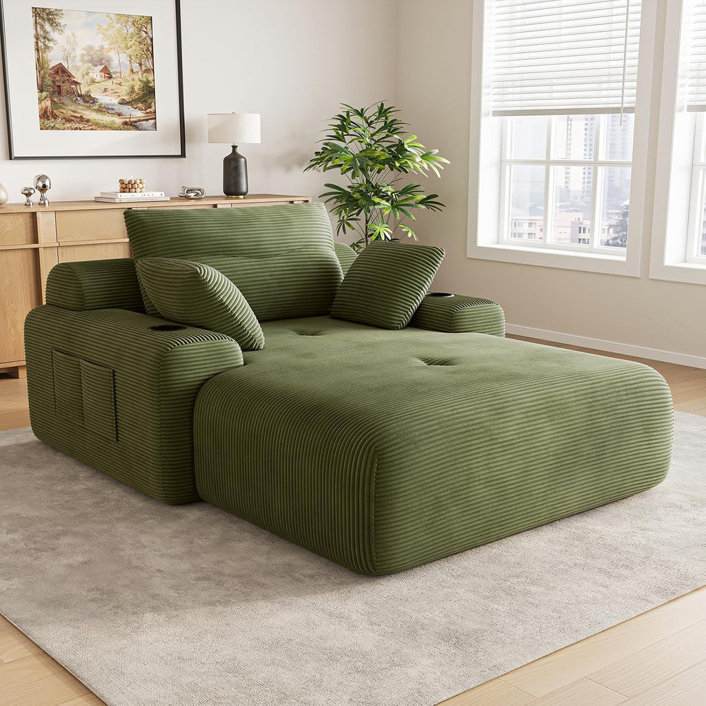 69” Floor Chaise Lounge Chair Indoor, Oversized Chaise Lounge Reading Chairs with 4 Side Pockets and 2 Cup Holders, Comfy Corduroy Sleeper Sofa Bed for Living Room Bedroom Apartment, Green