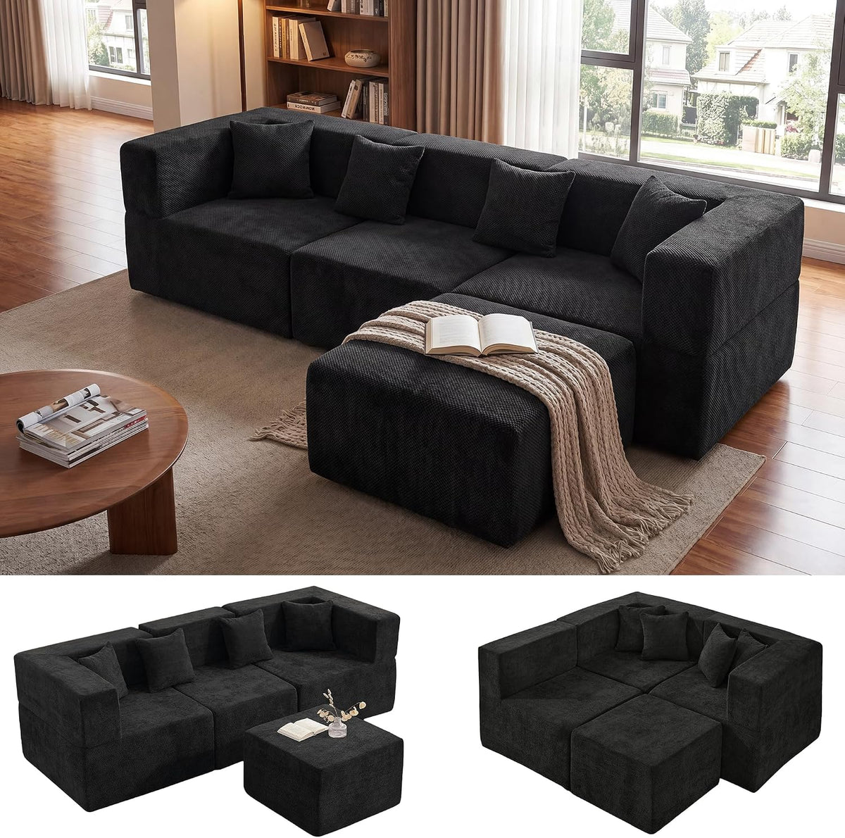 MONVANE L Shaped Sectional Couch Oversized, Chenille, Black | 4-Seat Sectional Couch for Living Room, Modular Cloud Sofa with Ottoman & 4 Throw Pillows, No Assembly Required