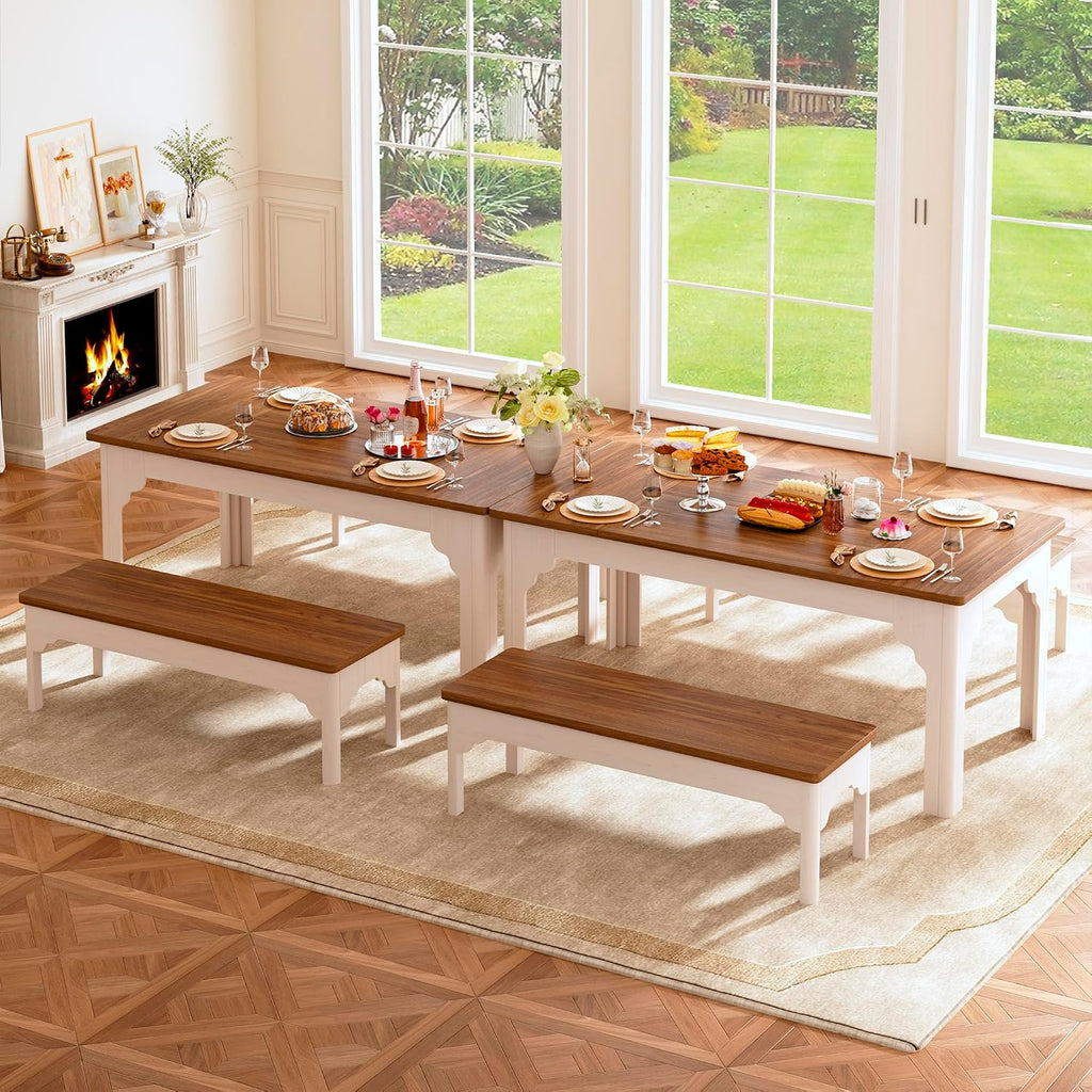 HUAHUU 63" Farmhouse Dining Table Set for 4-6, Kitchen Table with 2 Benches, Space Saving 3-Piece Rectangle Wooden Dinette Table Set for Dining Room, Breakfast Nook, Small Space, Brown & White
