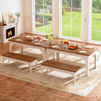 HUAHUU 63" Farmhouse Dining Table Set for 4-6, Kitchen Table with 2 Benches, Space Saving 3-Piece Rectangle Wooden Dinette Table Set for Dining Room, Breakfast Nook, Small Space, Brown & White