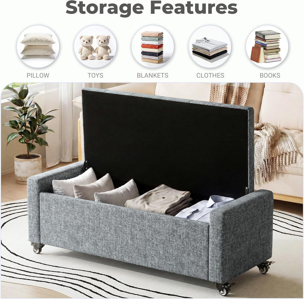 50” Ottoman Bench with Storage, Upholstered Fabric End of Bench for Bedroom, Load up to 660 lb, Fixed Base & Movable Swivel Wheels，Rectangular Tufted Entryway with Safety Hinge (Grey)