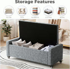 50” Ottoman Bench with Storage, Upholstered Fabric End of Bench for Bedroom, Load up to 660 lb, Fixed Base & Movable Swivel Wheels，Rectangular Tufted Entryway with Safety Hinge (Grey)