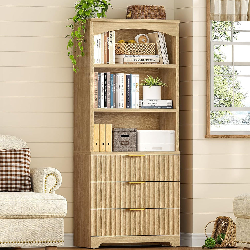 TEENFON 63.3" Tall Bookshelf, Bookshelves and Bookcases with Drawers, Arched Design Bookcase with Storage Cabinet, Natural Wood Grain Wave Pattern Storage Shelves for Living Room, Bedroom,Office