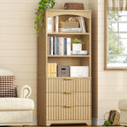 TEENFON 63.3" Tall Bookshelf, Bookshelves and Bookcases with Drawers, Arched Design Bookcase with Storage Cabinet, Natural Wood Grain Wave Pattern Storage Shelves for Living Room, Bedroom,Office