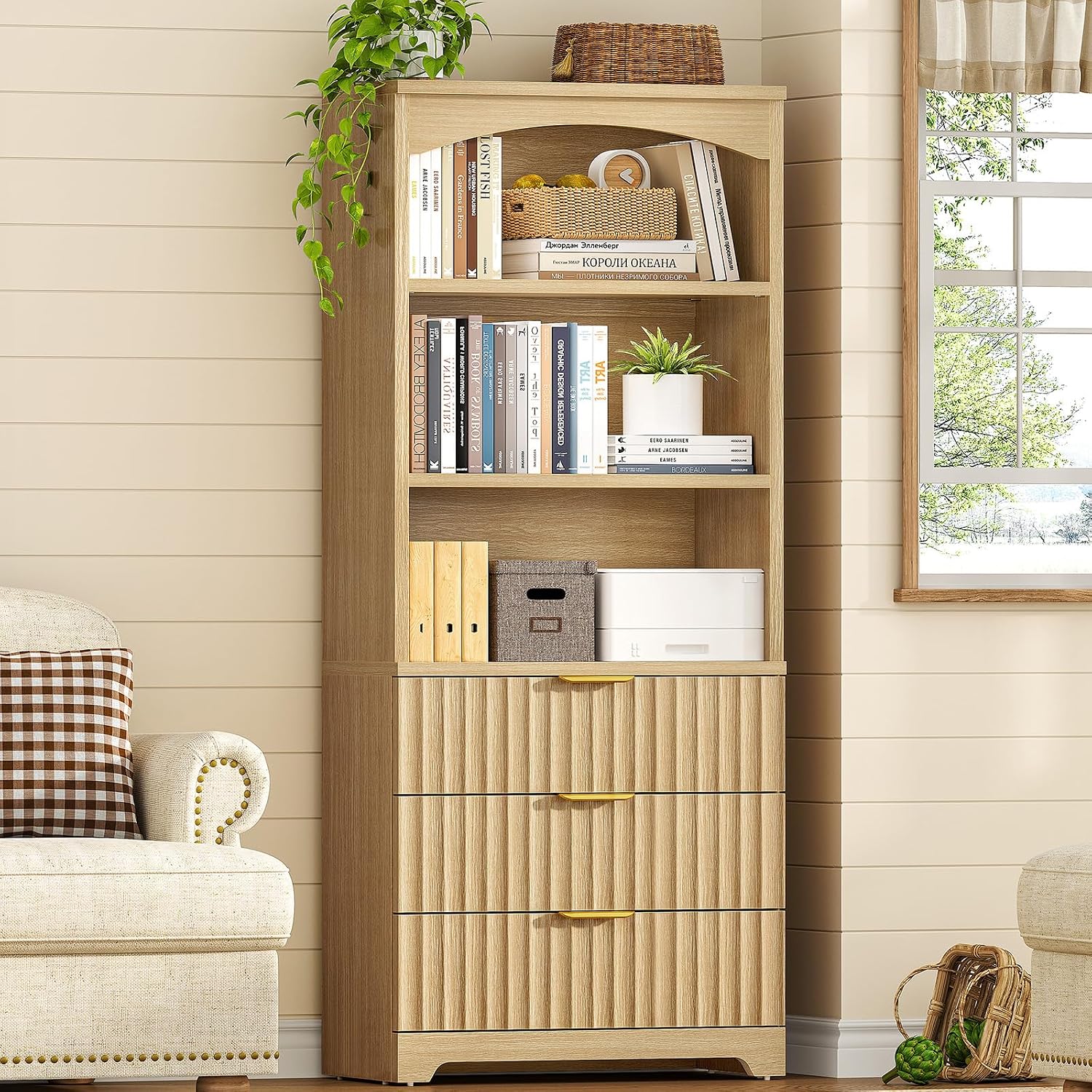TEENFON 63.3" Tall Bookshelf, Bookshelves and Bookcases with Drawers, Arched Design Bookcase with Storage Cabinet, Natural Wood Grain Wave Pattern Storage Shelves for Living Room, Bedroom,Office