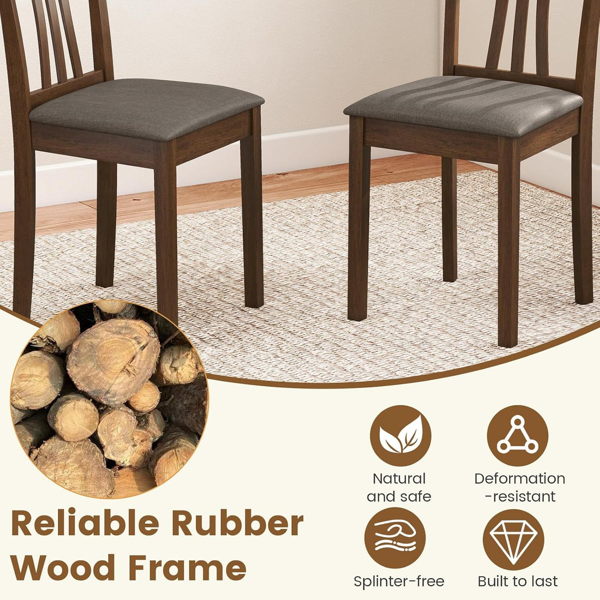 Giantex Wooden Dining Chairs Set of 2, Linen Fabric Upholstered Kitchen Armless Chair w/Rubber Wood Frame, Padded Seat, High Curved Back, Farmhouse Accent Side Chairs for Living Room (Brown+Gray)