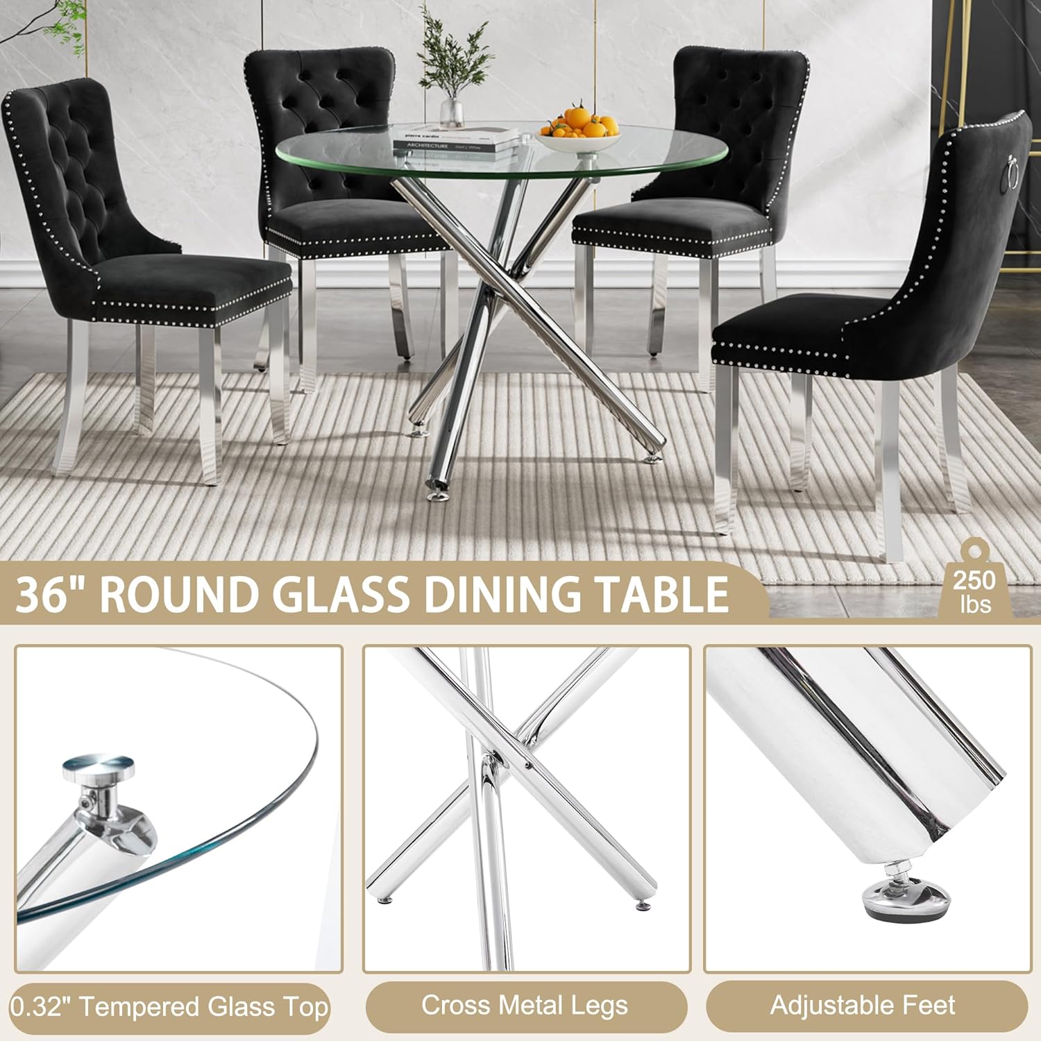 Modern Round Dining Table for 2 4 People, 36 in Glass Kitchen Dining Room Table with Silver Metal X-Shaped Legs, Space Saving Circle Dinner Tables for Dining Room, Kitchen, Living Room