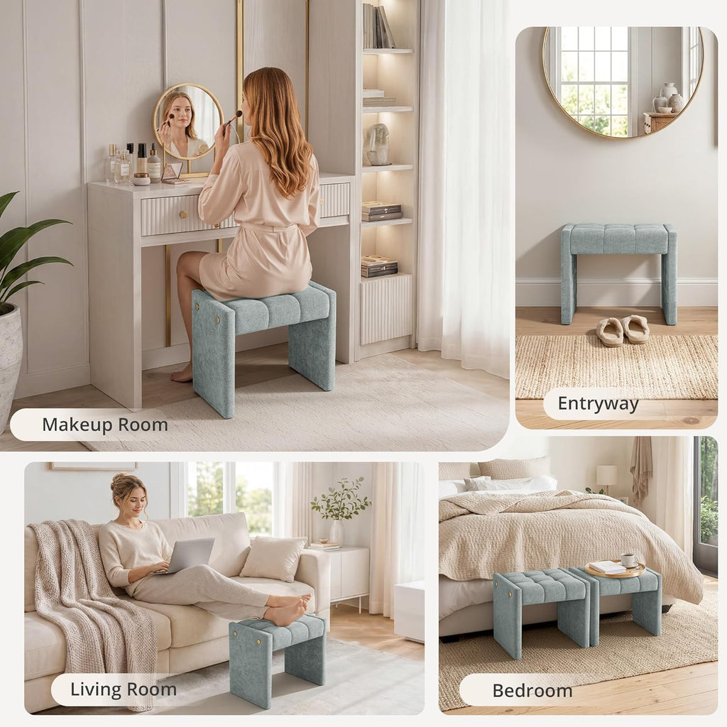 LUE BONA Modern Grid Tufted Vanity Bench Stool, 4.33'' Thick Chenille Upholstered Ottoman Footstool for Makeup Room, Bedroom & Living Room, 200lbs Capacity, Smoky Blue