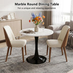 27.6" Marble Round Tulip Table, Mid-Century Modern Style Dining Table with Black Pedestal Base for 2-4 People, Featuring A Marble Tabletop for Kitchen, Dining Room, Cafe (White)