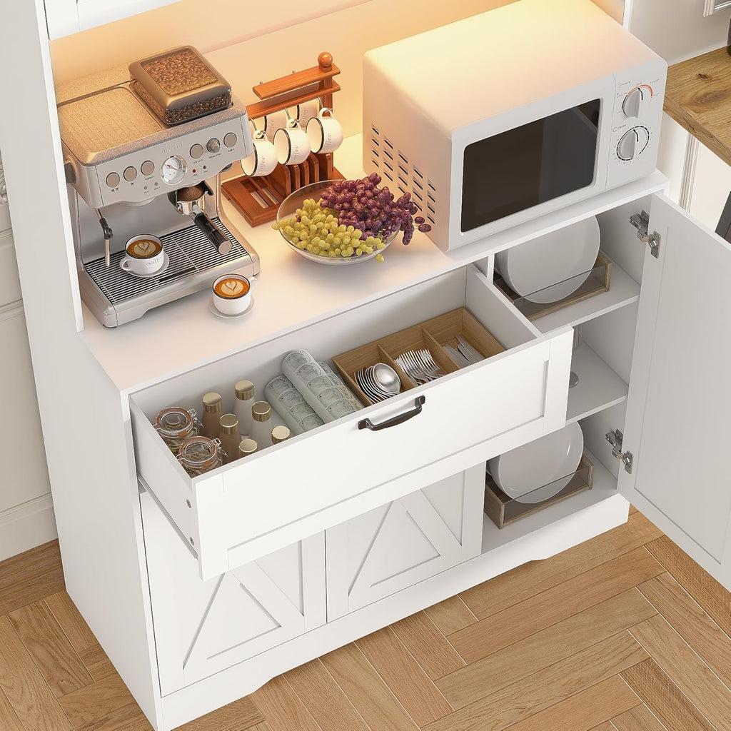 71" Kitchen Pantry Cabinets with Hutch - Freestanding Pantry Cabinet with Drawer, Adjustable Shelves, LED Light & Power Outlets for Kitchen, Dining Room, Living Room (White)