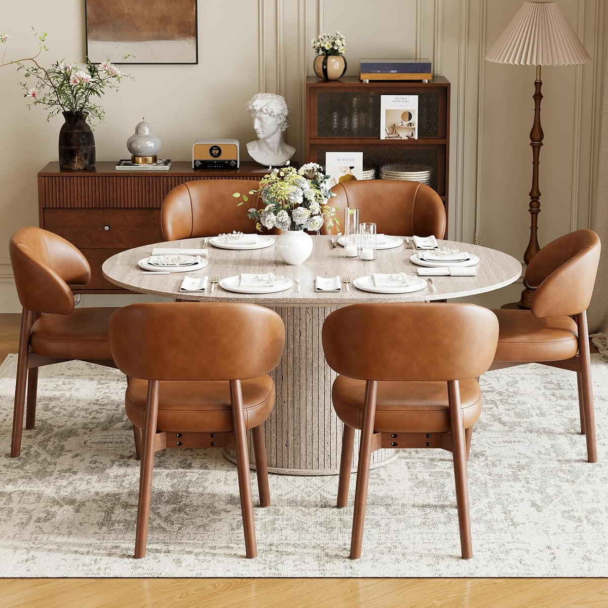 MALOL 47"-63" Extendable Round to Oval Dining Room Table Chairs Set for 4-8, Modern Wooden Kitchen Table and Chairs with Hidden Storage and Fluted Design for Dining Room/Small Space(White and Brown)