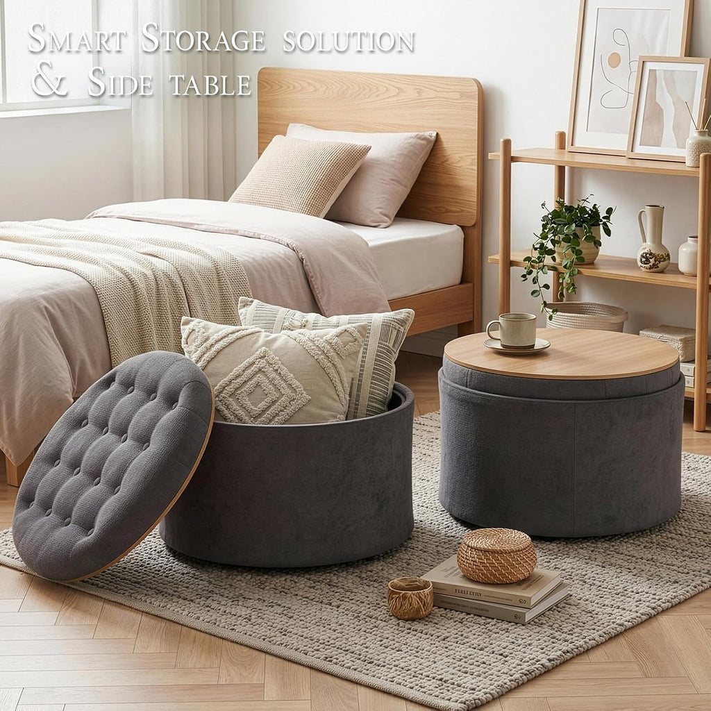 ONBRILL 24" Round Ottoman Coffee Table, Storage Ottoman with Lift-Off Lid | Large Size, Sturdy Steel Frame, 15.4" Height Foot Stool（Better for Low-Profile Sofa), Extra Seat, Entryway Shoe Bench