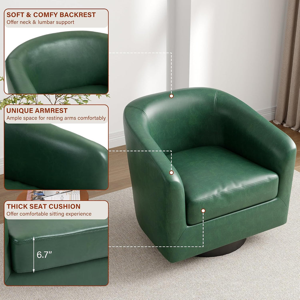 Lumibee Faux Leather Swivel Barrel Chairs Set of 2, Upholstered Comfy Round Swivel Accent Chair, 360° Rotation Single Sofa Club Armchair for Living Room, Reading Room, Bedroom, Green