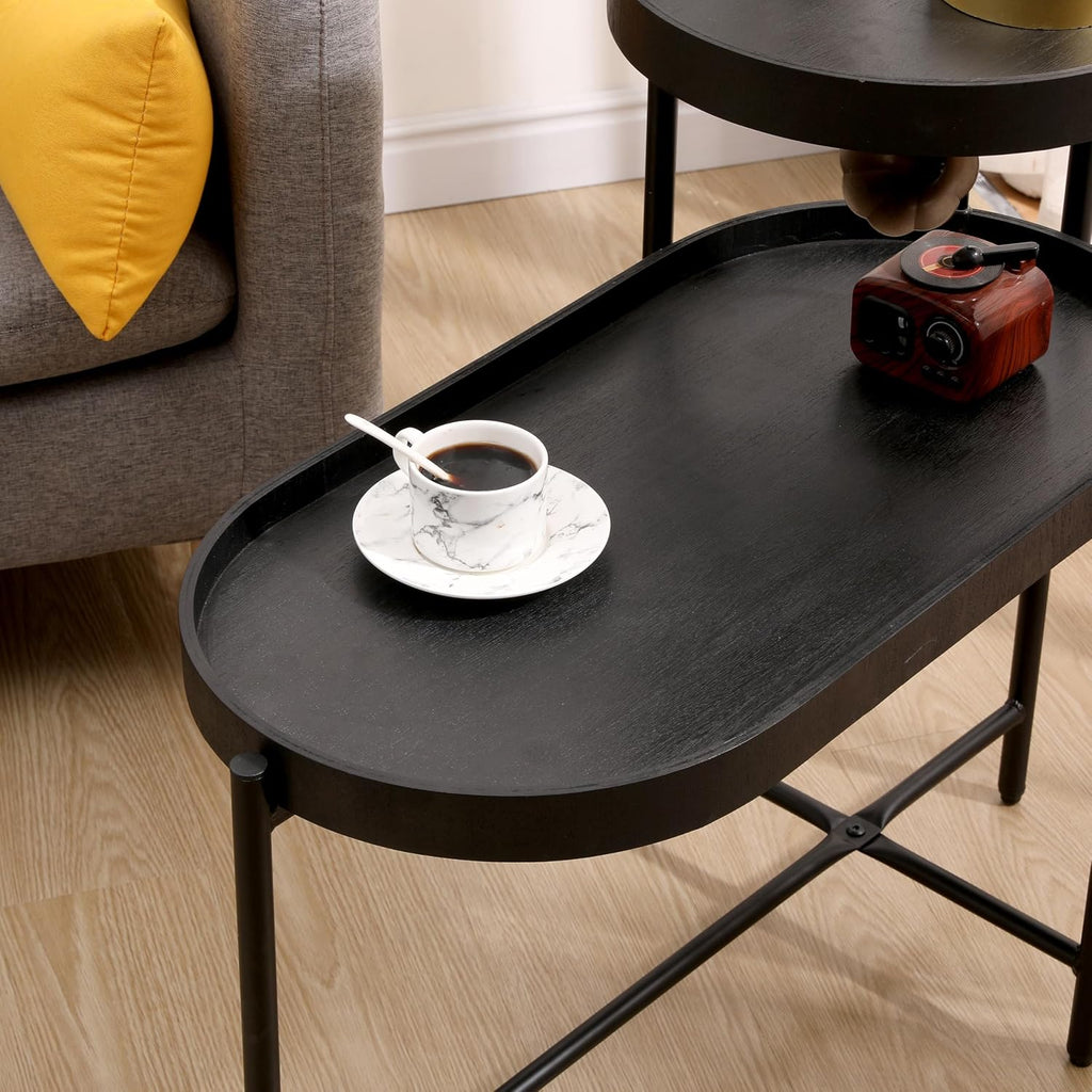 2 Tier Side Table with Storage Shelve Small Sofa Table Modern Metal End Table Coffee Table with Wooden Tray Top, Black