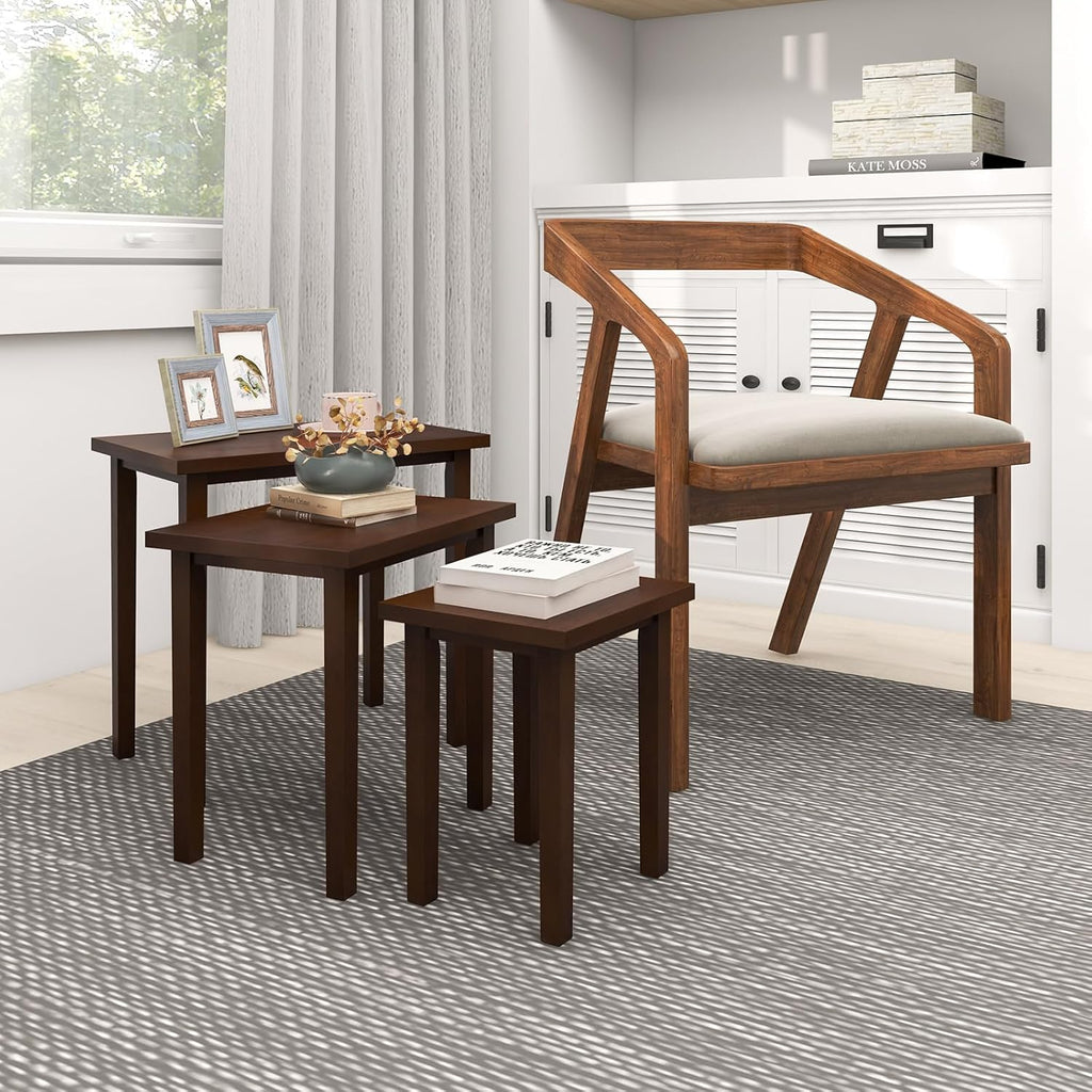 Giantex Nesting Tables Set of 3, Farmhouse Stacking Side Table with Rubber Legs, Wooden Rectangle Accent End Table, Nesting Coffee Tables for Living Room Bedroom (Walnut)