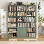 HOSTACK 71" Tall Triple Wide Bookshelf with Storage Drawers & Doors, Green