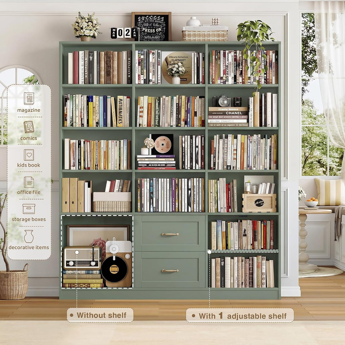 HOSTACK 71" Tall Triple Wide Bookshelf with Storage Drawers & Doors, Green