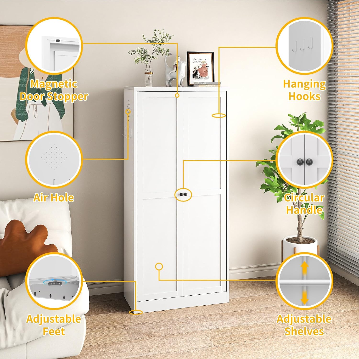 Kitchen Pantry Cabinet, 61" Metal Pantry Storage Cabinet with Doors and 4 Adjustable Shelves, Tall Cabinet for Living Room, Pantry, Bathroom, Kitchen, Assemble Required