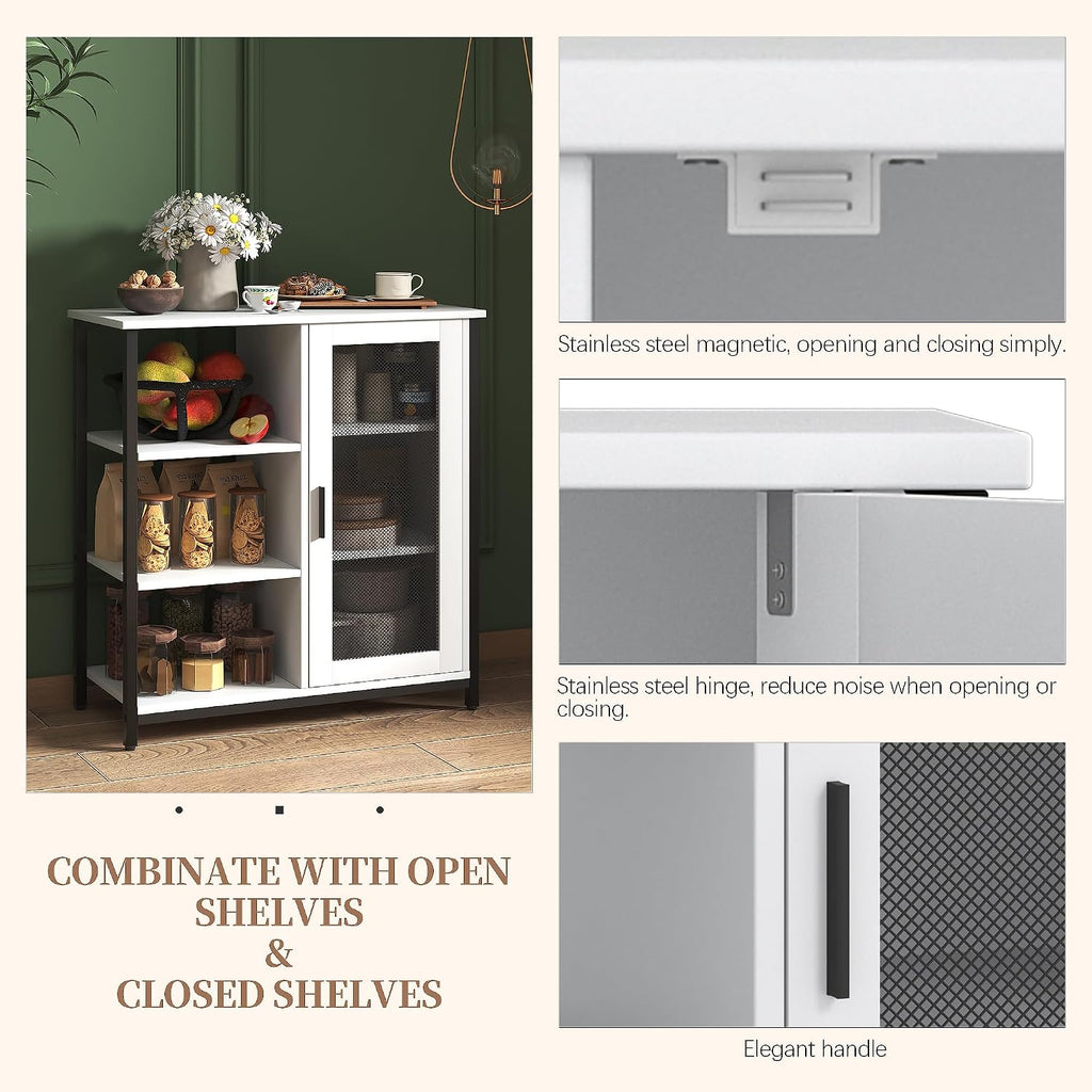 LVSOMT Coffee Bar Cabinet with Adjustable Shelves and Door, Rustic White | 27.5'' Small Coffee Station with Table, Mini Sideboard Buffet, Iron Wood Frame, 3-Tier, for Tea, Dishes, Snacks, Home Kitchen