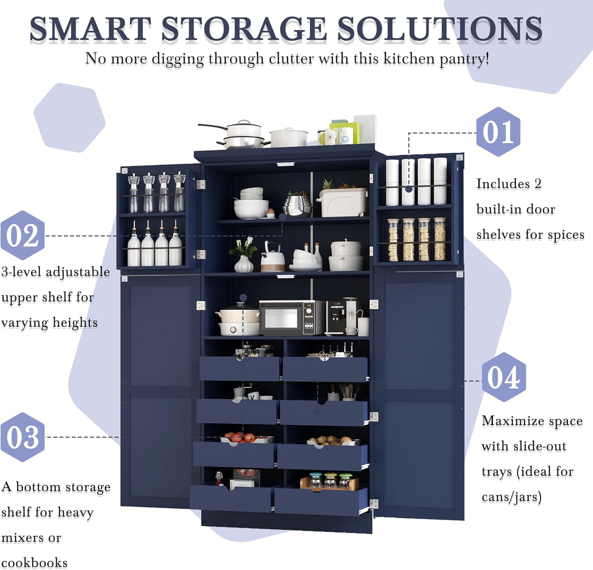 Freestanding Kitchen Pantry 35.5"x17.6"x70.9" Modern Pantry Cabinet with 4 Doors, 2 Door Shelves, 8 Pull-Out Trays and Adjustable Shelf Storage Cabinet Cupboard for Kitchen, Dining Room, Blue