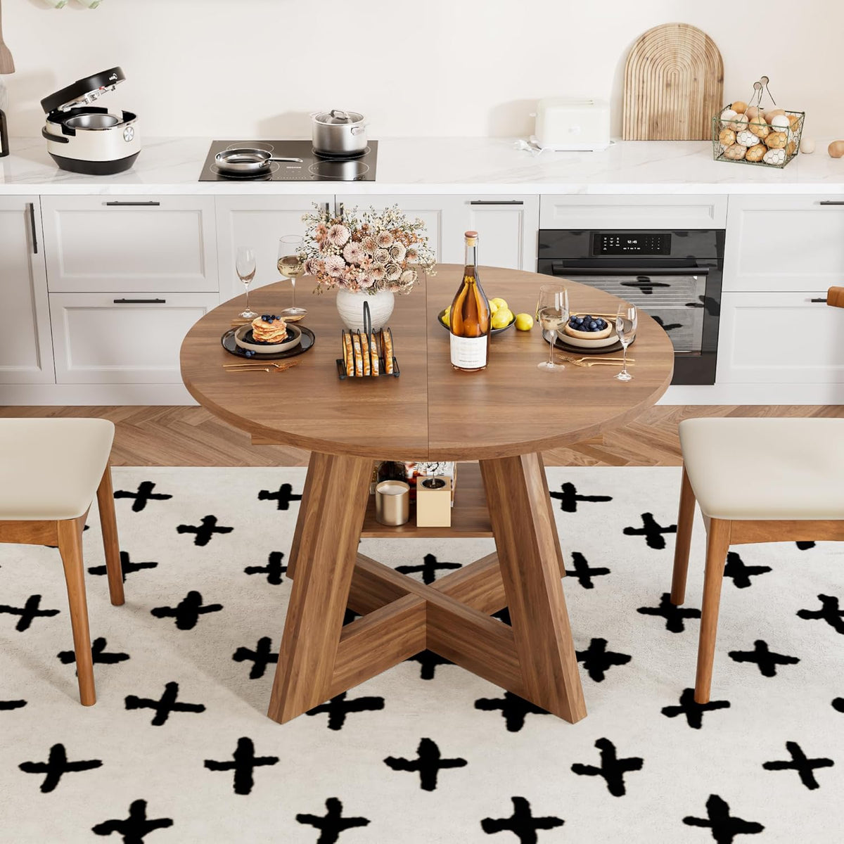 43.3in-59in Extendable Dining Table for 4-6, Round Kitchen Dining Room Table with Removable Leaves Space Saving, Space Saving, Wooden Cross Base with Storage Shelf for Kitchen Living Room (Walnut)