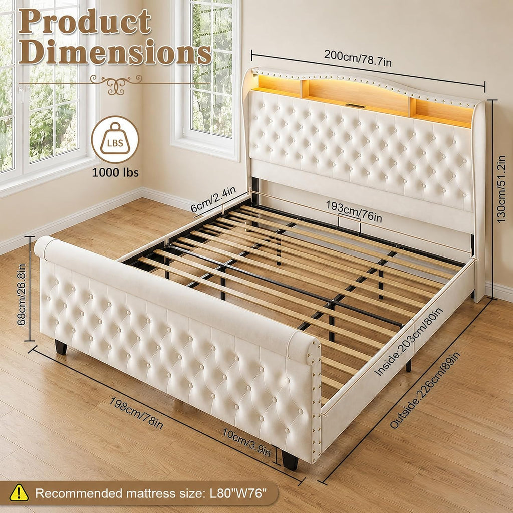King Size Bed Frame with 51.2" Tall Lighted Storage Headboard and Charging Station, Velvet Upholstered Tufted Wingback Platform Bed with Footboard, No Box Spring Needed, Noise-Free