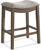 ROME + OAK Parker 26-Inch Backless Counter Stool, Backless Saddle Kitchen Stool in Walnut Finish with Grey Fabric Upholstery Cushion Seat