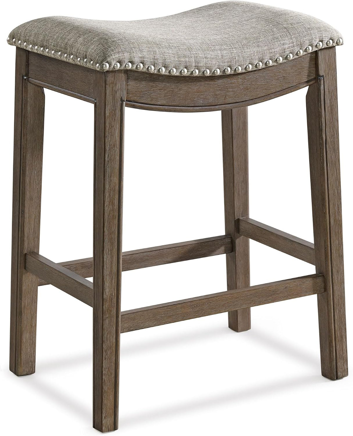 ROME + OAK Parker 26-Inch Backless Counter Stool, Backless Saddle Kitchen Stool in Walnut Finish with Grey Fabric Upholstery Cushion Seat