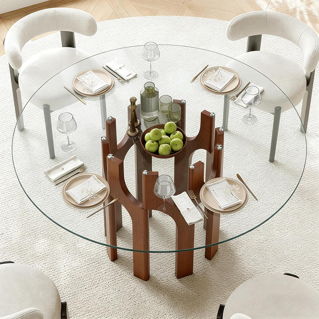 Round Glass Dining Table for 4-6, Modern 46-Inch Kitchen Table with Sturdy Pedestal Base & Clear Tempered Glass Top, Circle Dinner Table for Dining Room, Living Room & Small Apartment (Walnut)