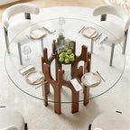 Round Glass Dining Table for 4-6, Modern 46-Inch Kitchen Table with Sturdy Pedestal Base & Clear Tempered Glass Top, Circle Dinner Table for Dining Room, Living Room & Small Apartment (Walnut)