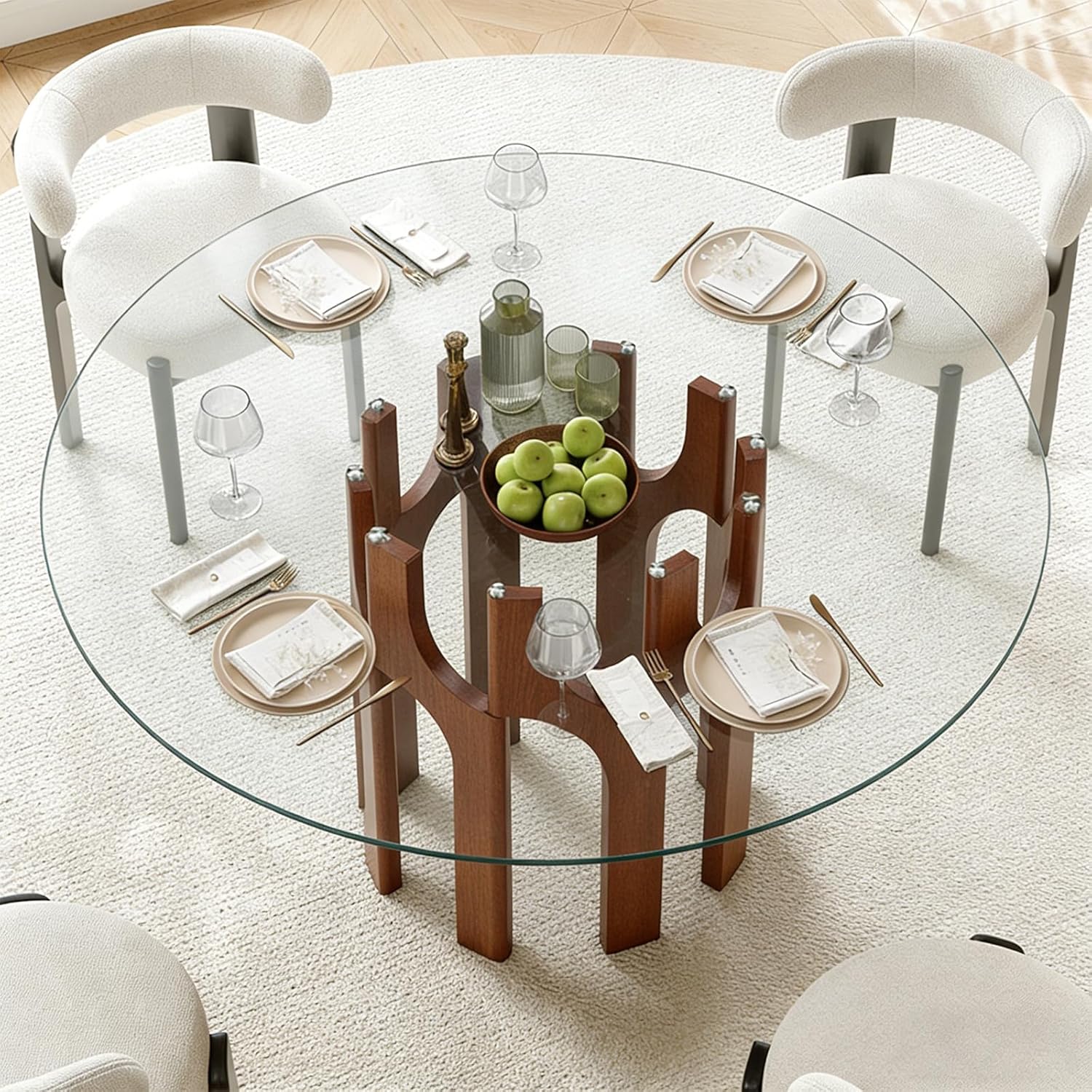Round Glass Dining Table for 4-6, Modern 46-Inch Kitchen Table with Sturdy Pedestal Base & Clear Tempered Glass Top, Circle Dinner Table for Dining Room, Living Room & Small Apartment (Walnut)