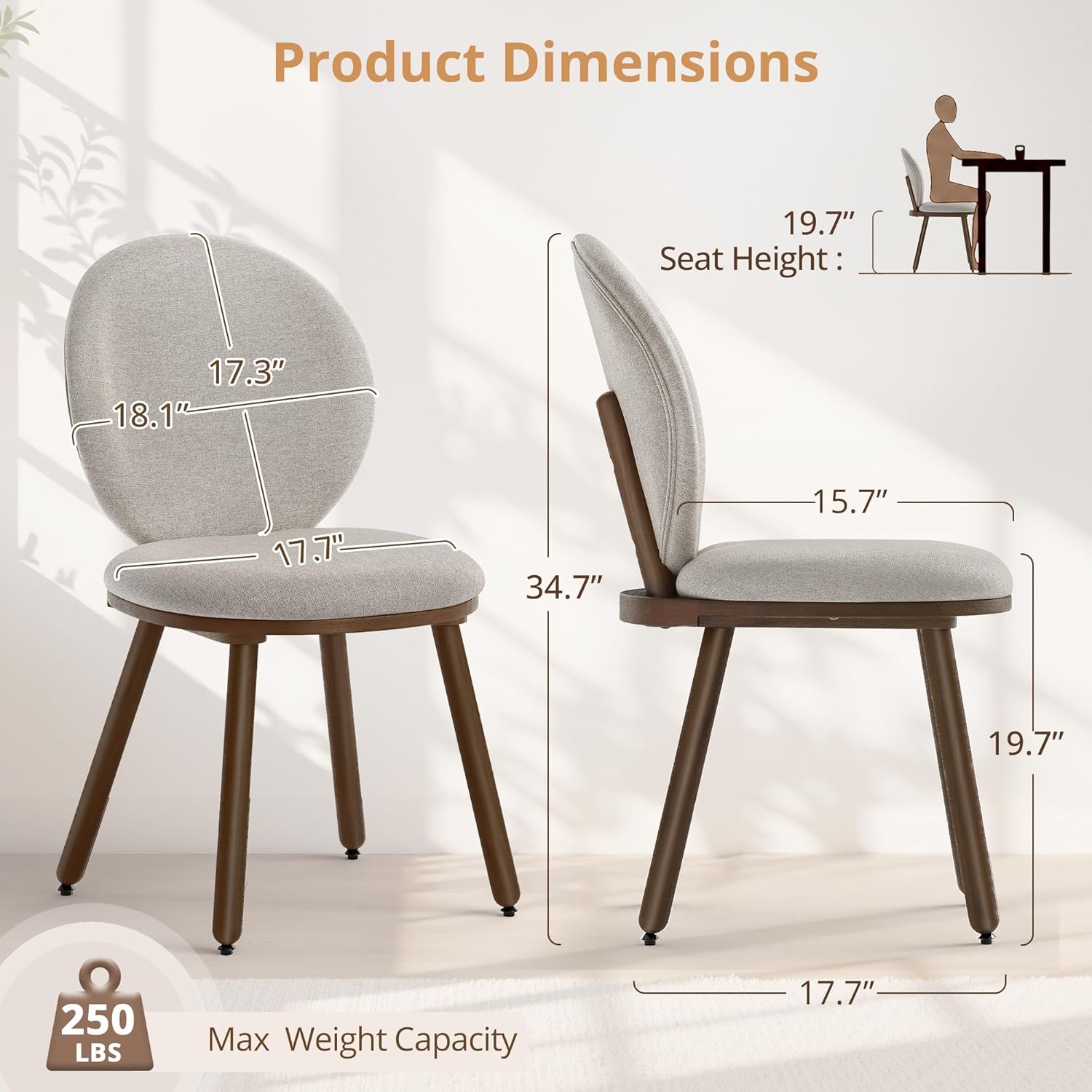 LUE BONA Dining Chairs Set of 4, Upholstered Fabric Kitchen Chairs with Dual-Spine Backrest, Kitchen Chair with Solid Wood Legs and Ergonomic Curved Seat, Easy Assembly for Kitchen Dining Room, Gray