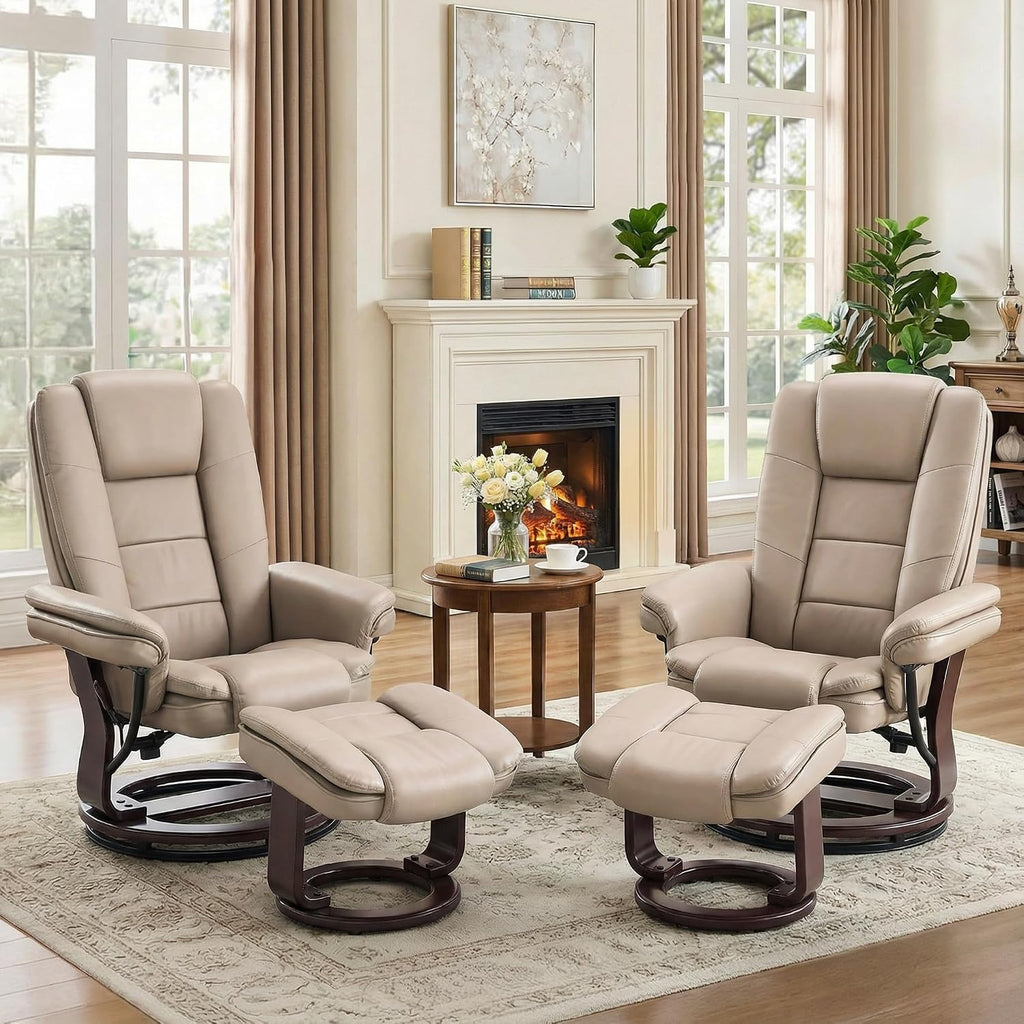 Swivel Recliner Chair with Ottoman Reclining Lounge Sofa Footrest, Set of 2 | 360°Sturdy Wood Base, Soft Faux Leather, Upholstered Ultra-Plush Foam, Modern Armchair, Living Room Bedroom Office Reading