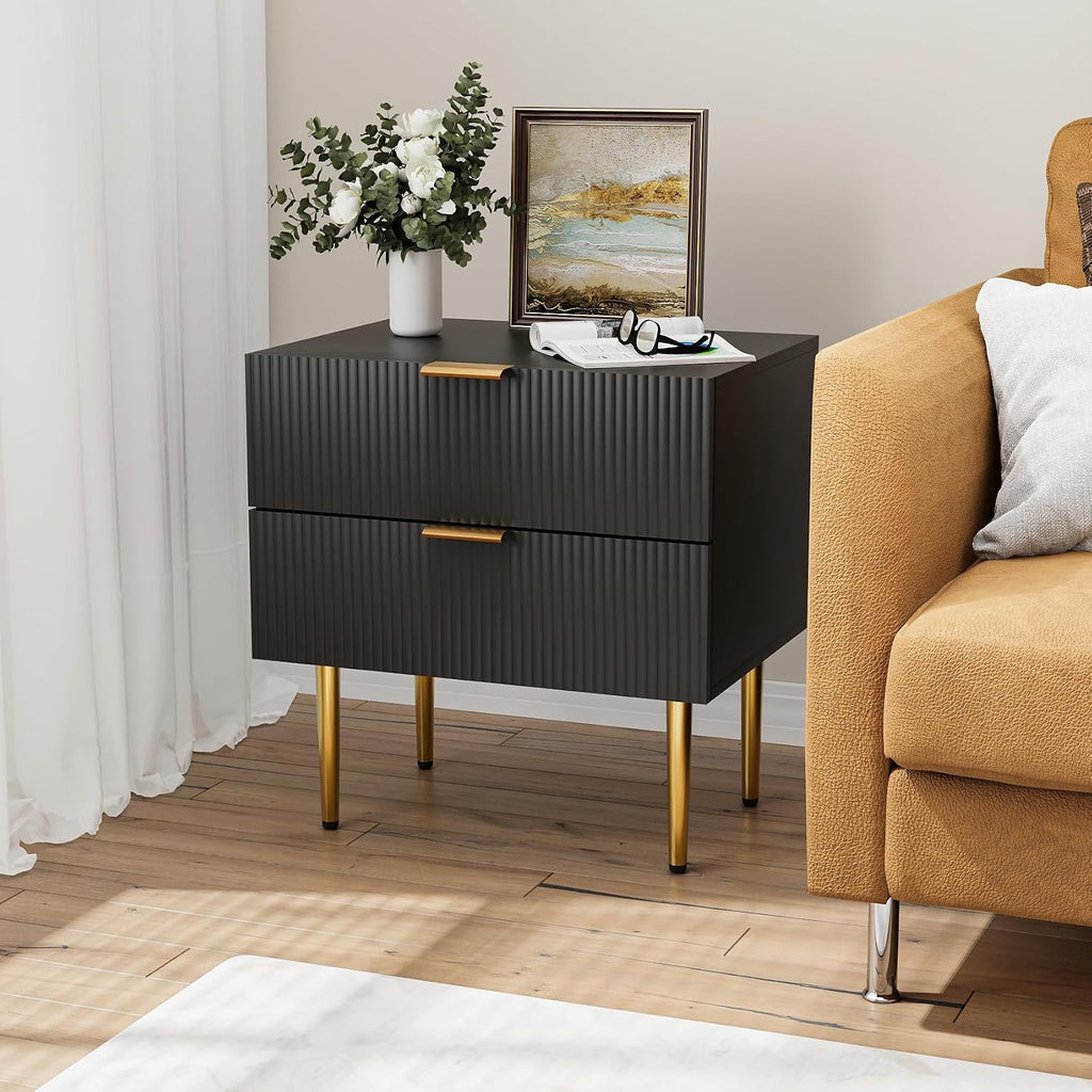 Modern Fluted Nightstand, Black Night Stand with Golden Handles and Metal Legs, Wooden Bedside Table with 2 Drawers for Bedroom Living Room