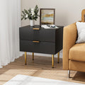Modern Fluted Nightstand, Black Night Stand with Golden Handles and Metal Legs, Wooden Bedside Table with 2 Drawers for Bedroom Living Room