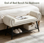 45" Entryway Bench with Shoe Storage，Modern Bedroom Velvet Fabric Upholstered with Stable Metal Frame and Solid Shelf for Bedroom, Living Room，Foyer, 330LB, Cream