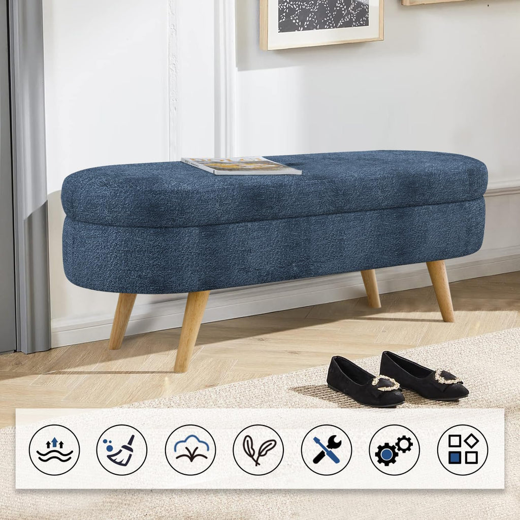 43.5" Ottoman with Storage, Storage Ottoman Bench with Safety Hinge, Foam End of Bed Bench Upholstered Entryway Bench for Bedroom, Living Room & Window, Dark Blue