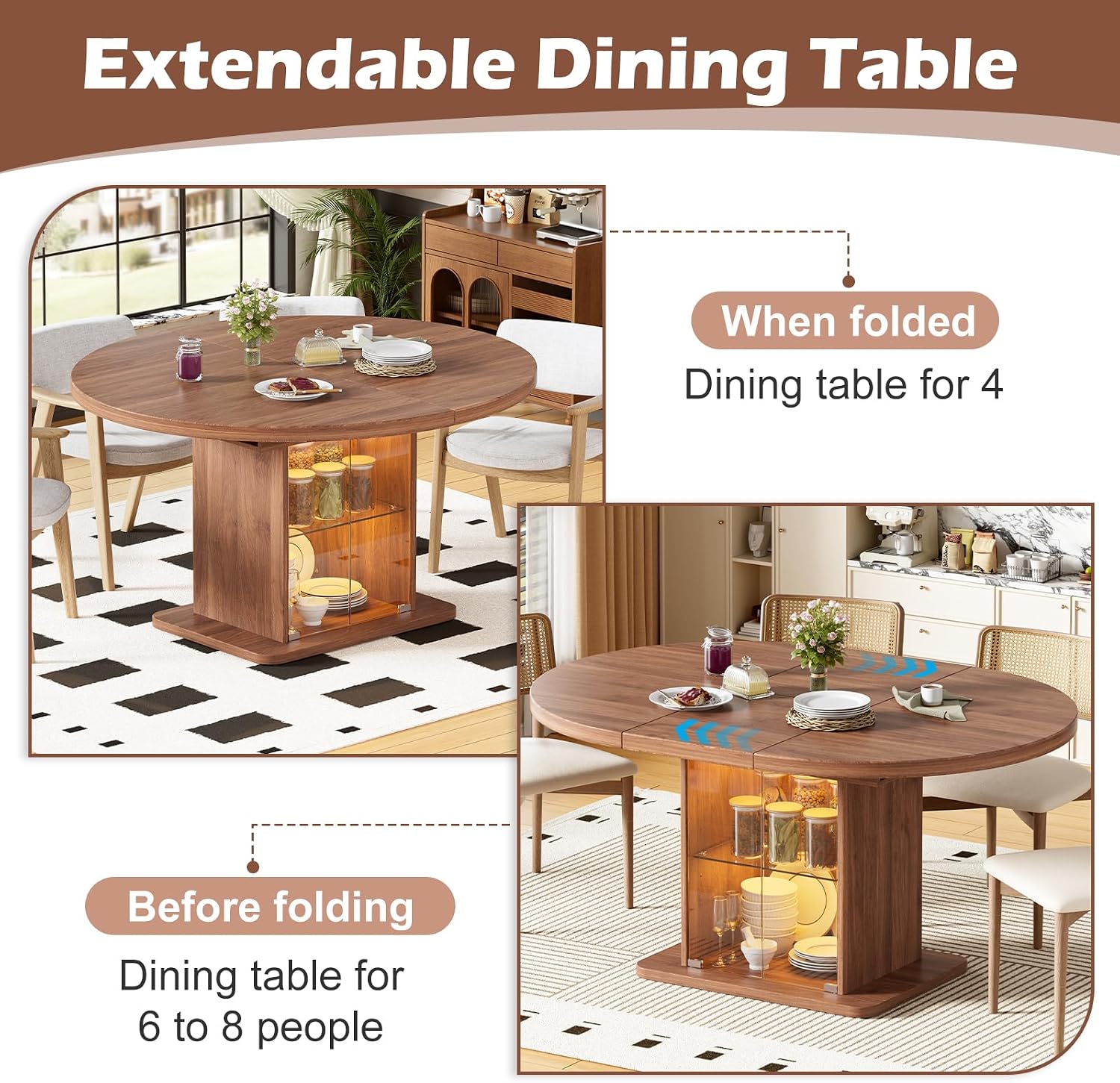 43.3"-59" Extendable Round Dining Table for 4-8 with Dust-Proof 2-Tier Storage Shelf, Space-Saving Expandable Dining Room Table with Lights, Wood Oval Circle Dining Table for Kitchen, Walnut
