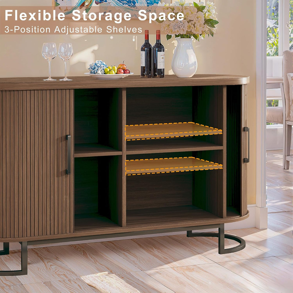 HUAHUU Sideboard Buffet Cabinet with Storage, 54.3" Storage Cabinet with Sliding Door & Adjustable Shelf, Mid Century Modern Coffee Bar Console Table for Kitchen, Entryway, Walnut
